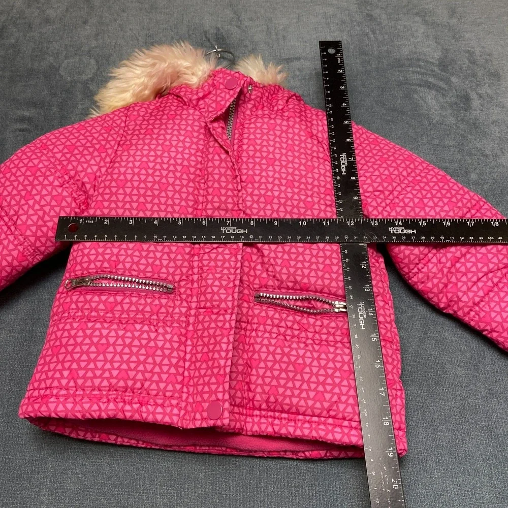 OshKosh B'gosh Hooded Puffer Jacket Girls 4T Pink Geometric Heart Print Full Zip